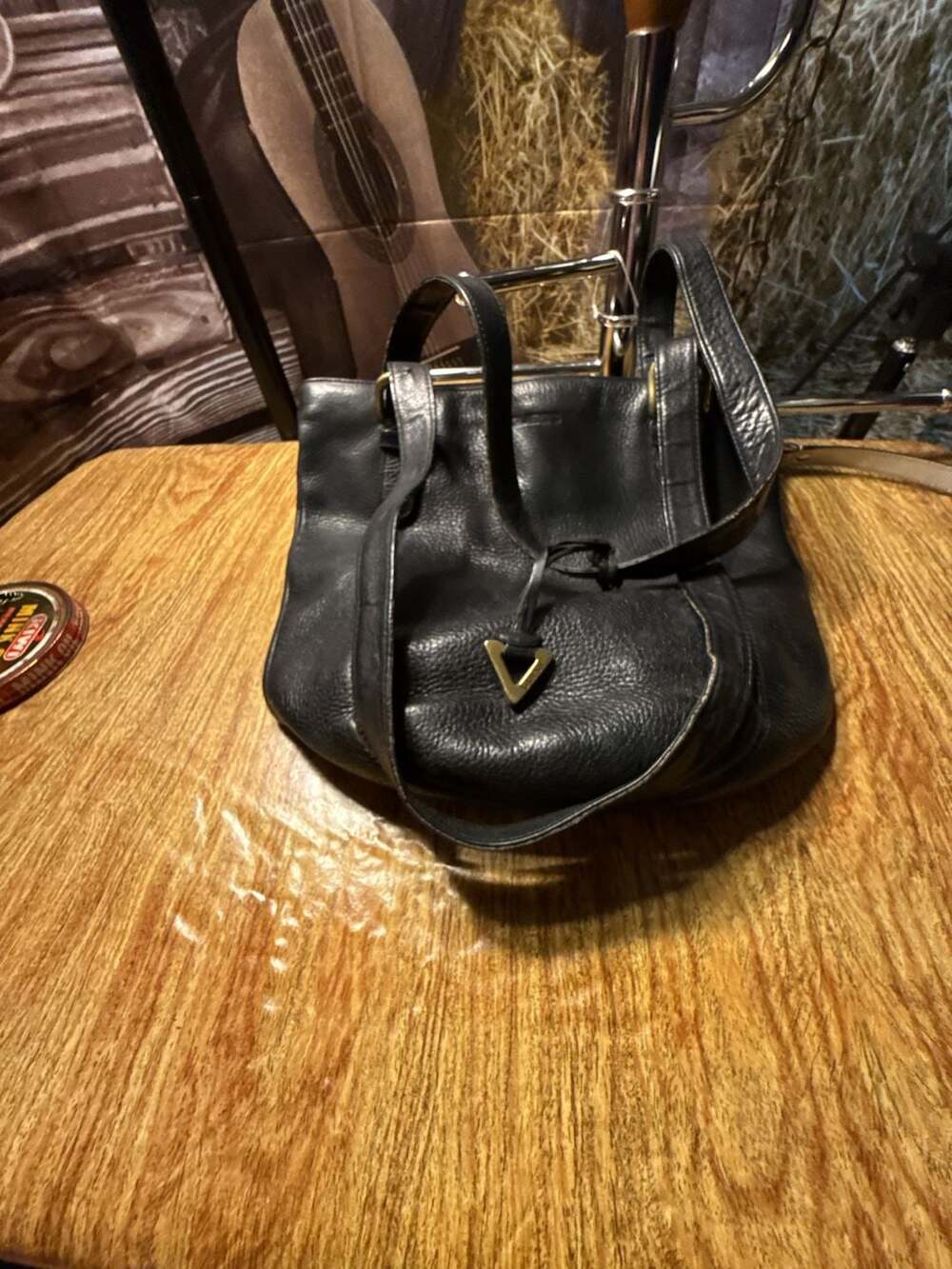 Vintage Guess Black Pebbled Leather Hobo Shoulder Bag with V-Logo Detail